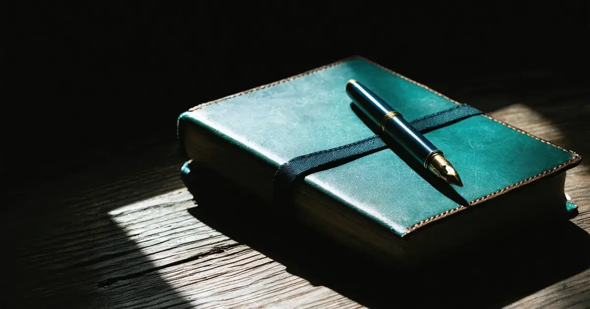 Still life of a closed leather ledger and a fountain pen on a dark wooden surface.