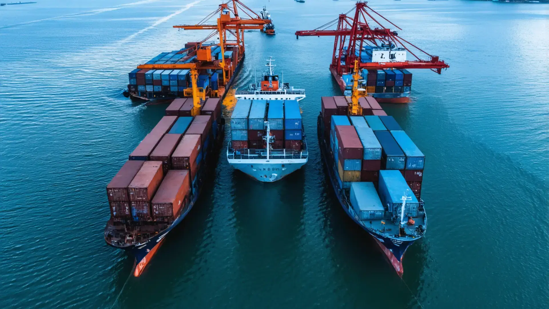 Container vessels at port at dawn — fleet rating scene
